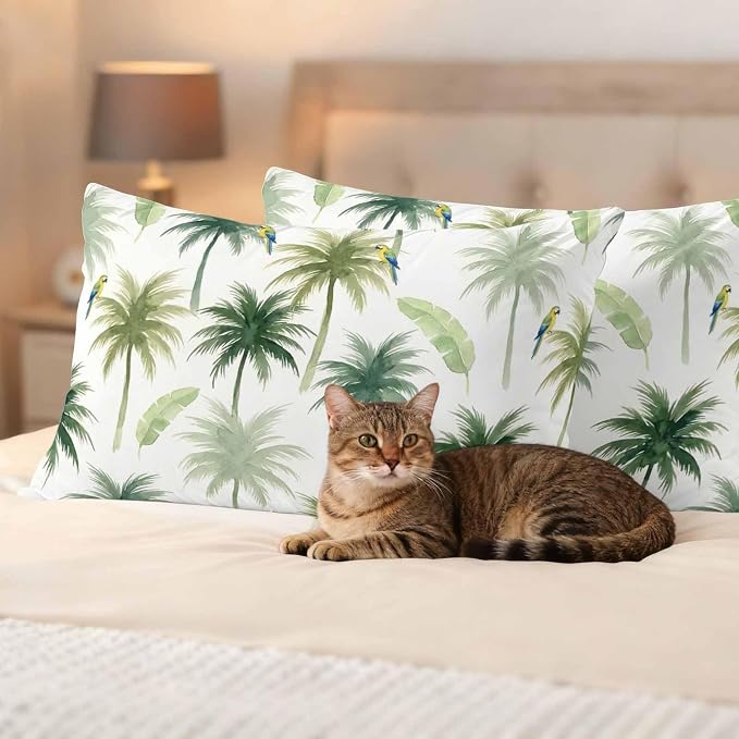 Yukro Summer Palm Tree Parrot Outdoor Waterproof Pillow Covers Pack of 2, Tropical Green Leaf Bird Throw Pillowcases Decorative Cushion Covers for Garden Patio Tent Sofa Couch, 20x12 inch