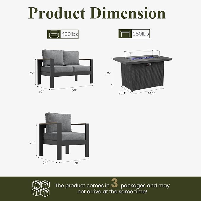 LayinSun 4 Piece Aluminum Outdoor Furniture Set with Fire Pit Table, Outside Patio Deep Seating Conversation Set with Upgraded Washable Thick Cushion