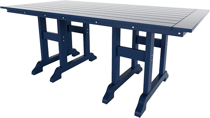 WestinTrends Malibu 7 Piece Adirondack Outdoor Dining Set, All Weather Poly Lumber Patio Table and Chairs Furniture Set, 71" Trestle Dining Table and 6 Adirondack Dining Chair, Navy Blue