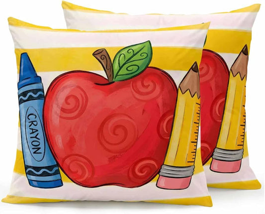 Outdoor Throw Pillow Set of 2, Children's Day Waterproof Pillow with Insert Included, Funny Cartoon Pencil Yellow Striped Decorative Accent Cushion Sofa Pillows for Patio Porch, 18 x 18 in