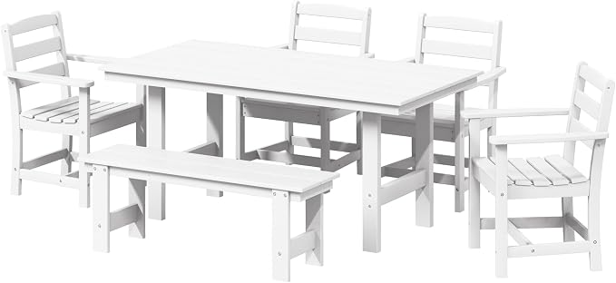 Costaelm Palms 6-Piece Outdoor HDPE Patio Dining Table Set with Bench, White