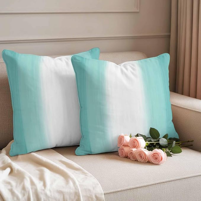Teal Abstract Stripes Outdoor Pillow Covers 18"x18" Set of 2, Modern Teal White Gradient Waterproof Throw Pillow Covers for Patio Furniture, Decorative Cushion Covers for Porch