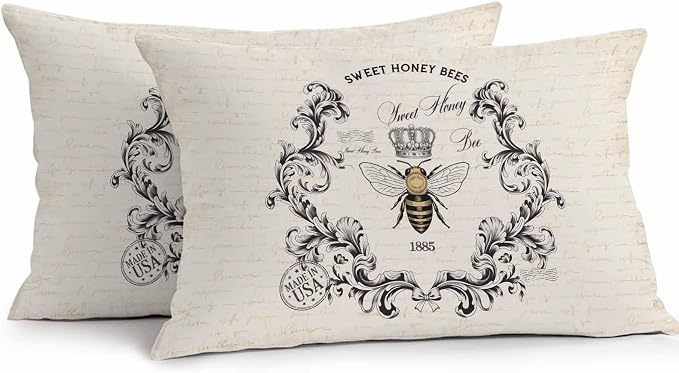 Sweet Honey Bees Outdoor Pillow Covers Pack of 2 Bees Farmhouse Retro Texture Waterproof Throw Pillow Covers Decorative Cushion Cases for Patio Garden Tent Balcony Couch 20x12 inch