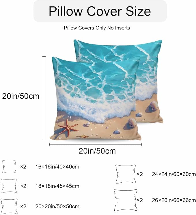 Ocean Beach Waterproof Outdoor Pillow Covers Set of 2 Home Decor, Coastal Nautical Starfish Shells Sea Waves Pillowcase Patio Pillow Covers for Couch Bench Furniture Garden 18x18in