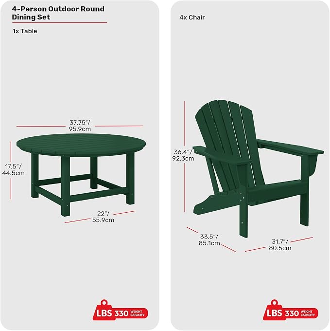 Costaelm Patio Conversation Set, Outdoor Chairs Set of 5 Balcony Firepit Furniture Outdoor Adirondack Round Table and Chair Backyard Furniture Set for Lawn Porch Pool Garden, Dark Green