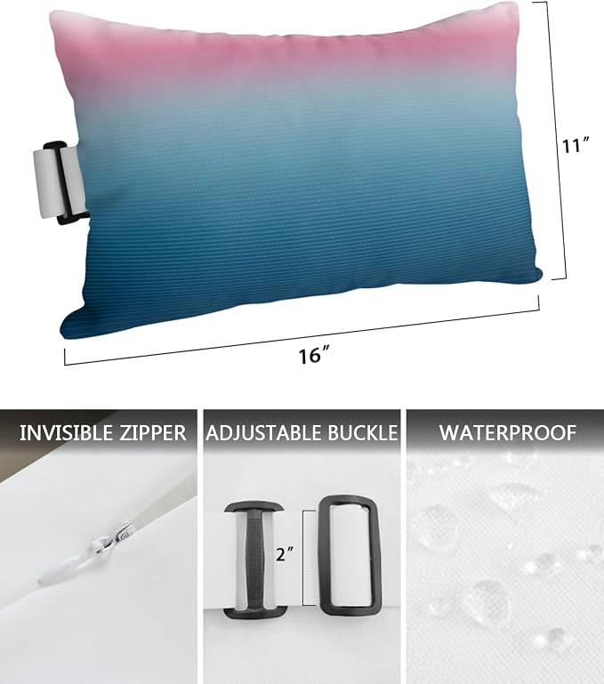 Outdoor Pillows Covers with Inserts Pink Blue Ombre Stripe Line Gradient Waterproof Recliner Pillow with Adjustable Strap Throw Pillows for Patio Furniture Pool Lounge Chair, 11x16 Inch, 1PCS