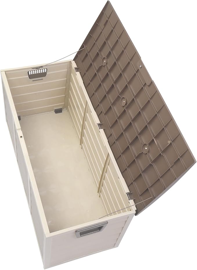Solianne 75 Gal 260L Outdoor Garden Storage Box, Lockable Deck Box for Patio Furniture Cushions Tools Toys, Weather Resistant Plastic Chest with Wheels, Brown