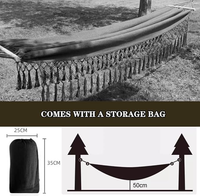Outdoor Leisure Hammock with Tassels, Garden Anti-Rollover Swing with Storage Bag, for Travel/Camping/Beach, Load Bearing 150kg/330.7lbs(Camel)