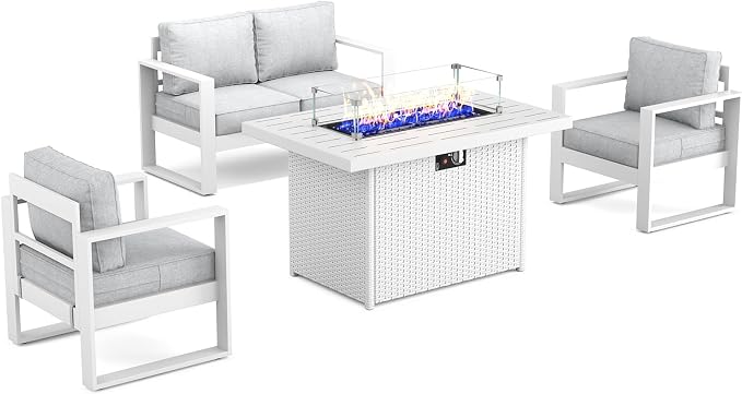 Outdoor Aluminum Furniture Set with Fire Pit Table - 4 Pieces Modern Patio Conversation Sets Metal Sectional Sofa Set