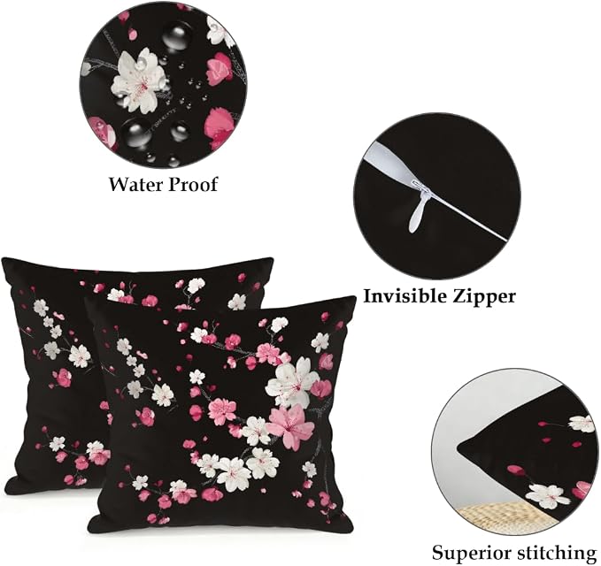 20x20 Inch Outdoor Pillow Covers Set of 2 Waterproof Throw Pillow Covers Decorative Couch Cushion Covers Cherry Blossom Pattern Square Pillowcases Protectors for Patio Garden Sofa