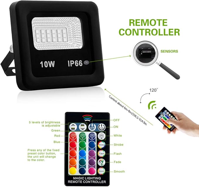 LED Flood Lights, RGB Floodlight with Remote Control,IP66 Waterproof Dimmable Color Changing Spotlight,16 Colors 4 Modes Stage Lights for Outdoor Decorative Garden Stage Landscape Lighting
