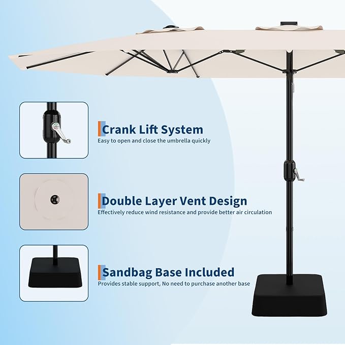 Garvee 15 ft Rectangular Patio Umbrella with Base Included - Large Patio Umbrella with Crank Handle, UV Protection for Outdoor Market, Backyard, Pool - Beige