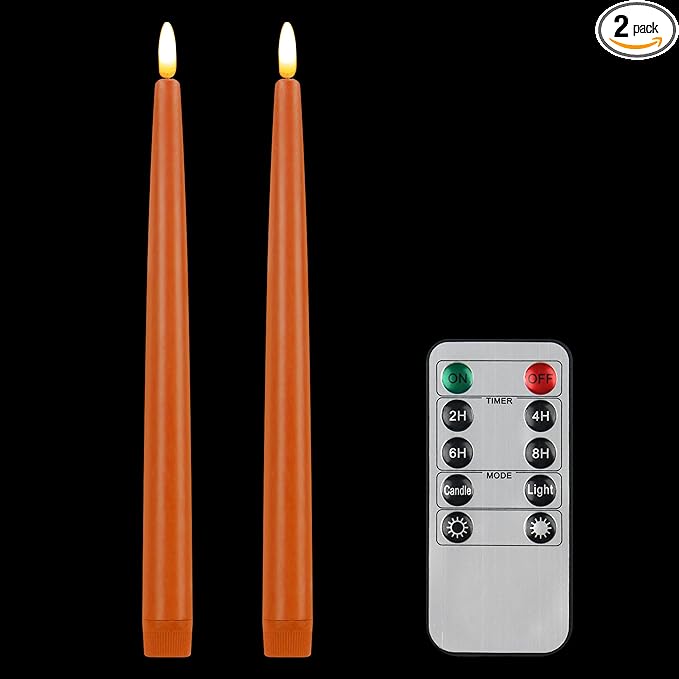 CVHOMEDECO. Flameless Taper Candles with 10-Key Remote, Battery Operated Led Flickering 3D Wick Window Candles Real Wax Finished Home Christmas Party Decor 0.78 x 11 Inch, Pack of 2 (Orange)