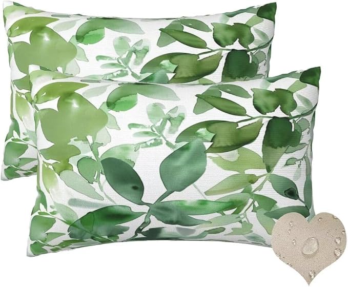 Outdoor Pillows Waterproof Set of 2 Outdoor Pillow Covers 12x20 Inch, Green Throw Pillows Plant Pillow Covers, Summer Garden Decorative Pillows Outdoor Pillows for Patio Furniture Car Home Decor-hs111