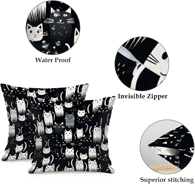 20x20 Inch Outdoor Pillow Covers Set of 2 Waterproof Throw Pillow Covers Decorative Couch Cushion Covers Cats Black White Square Pillowcases Protectors for Patio Garden Sofa