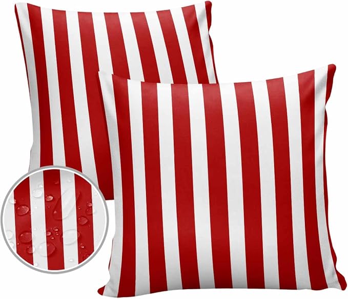 Outdoor Waterproof Throw Pillow Covers 18x18in, Red Stripes Cushions for Garden Patio Furniture Chairs Set of 2, Geometric Christmas Home Decor Couch Sofa Polyester Pillow Cases