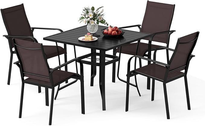 Tangkula 5 Pieces Patio Dining Set for 4, Outdoor Square Table and Stackable Chairs with Umbrella Hole, Outside Furniture Set for Backyard, Garden and Deck (37",Brown)