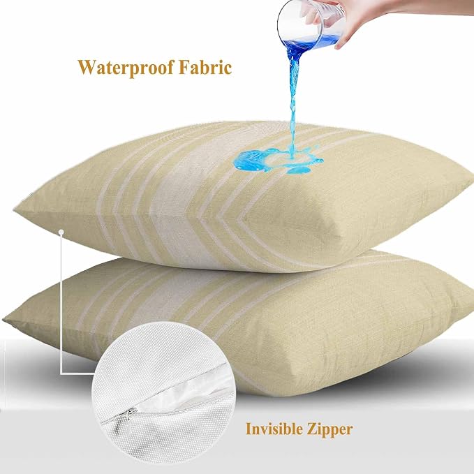Throw Pillow Covers 16x16 Inch Set of 2, Cream Beige Striped Waterproof Outdoor Cushion Covers, Modern Farmhouse Retro Lines Decorative Pillowcases for Couch, Sofa, Bed, Garden, Patio