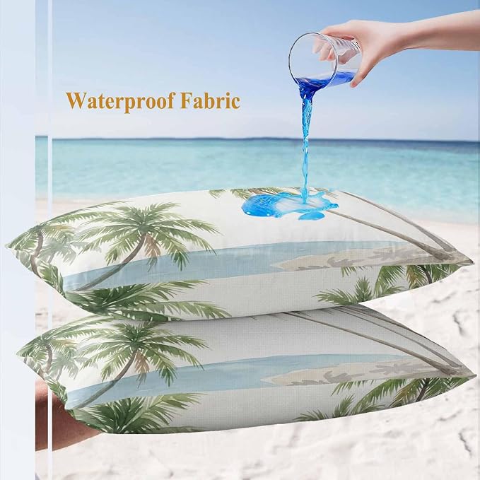 Yukro Coastal Beach Palm Tree Outdoor Waterproof Pillow Covers Pack of 2, Watercolor Coconut Tree Summer Throw Pillowcases Decorative Cushion Covers for Garden Patio Tent Sofa Couch, 20x12 inch