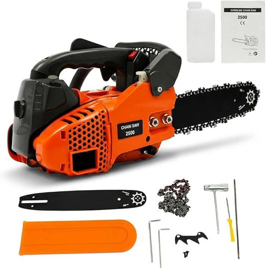 12 Inch Gas Chainsaw 25.4cc 2-Stroke Handheld Cordless Chain Saw Gas Powered 900W Portable Top Handle Chainsaw with Quick Start for Tree Wood Cutting, Sack Sawing, Green Pruning