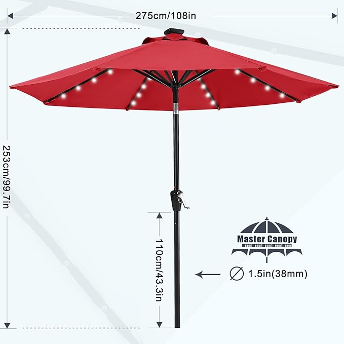 MASTERCANOPY 9FT 8Ribs Patio Umbrella with 32 Solar LED Lights, Outdoor Market Umbrella with Tilt & Crank, UV Protection & Fade Resistant Fabric, Easy Set-Up for Garden, Deck, Pool (Red)