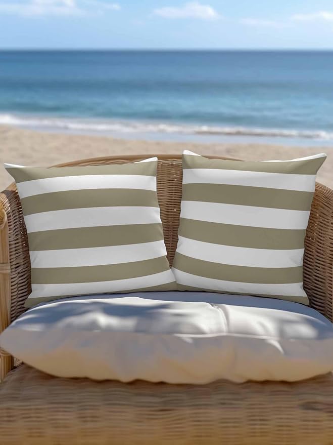 Waterproof Outdoor Pillow Set of 2 Brown White Stripe Decorative Throw Pillows Cover & Insert 16x16 Inch Pillowcase Simple Style Striped Pillows for Couch Sofa Bed Patio Furniture Indoor Outdoor