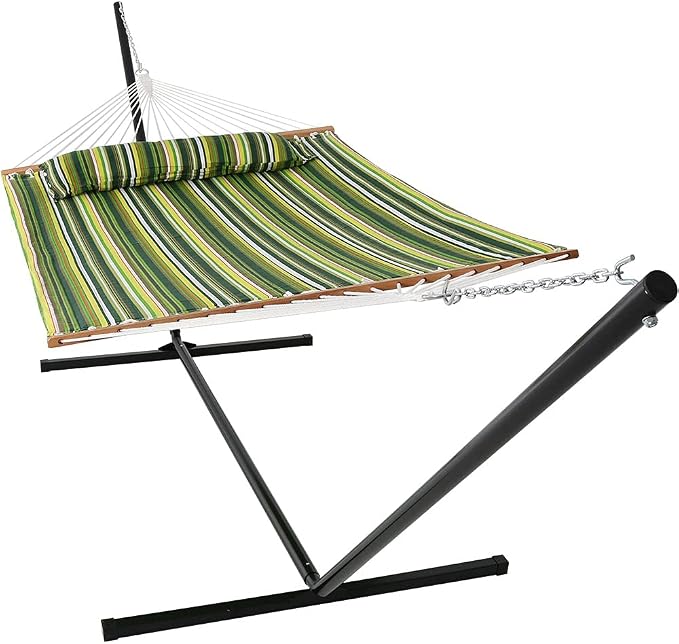 Sunnydaze Quilted Double Hammock with Stand for Outside - 400-Pound Capacity 2-Person Hammock with Stand - 15-Foot Stand - Melon Stripe
