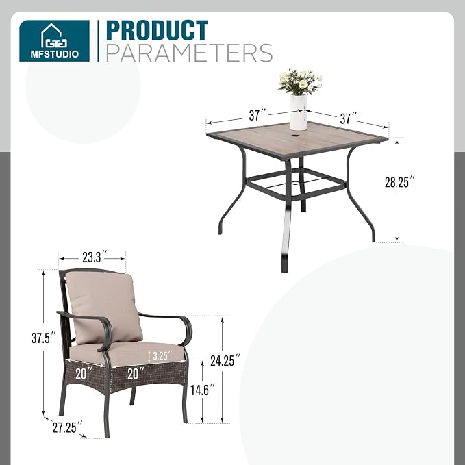MFSTUDIO 5 Piece Patio Dining Set, Outdoor Table and Chairs for 4, Square Metal Dining Table Set with Leg Chairs, 5 Pieces Outdoor Dining Furniture Set for 4, 1.57’’ Umbrella Hole