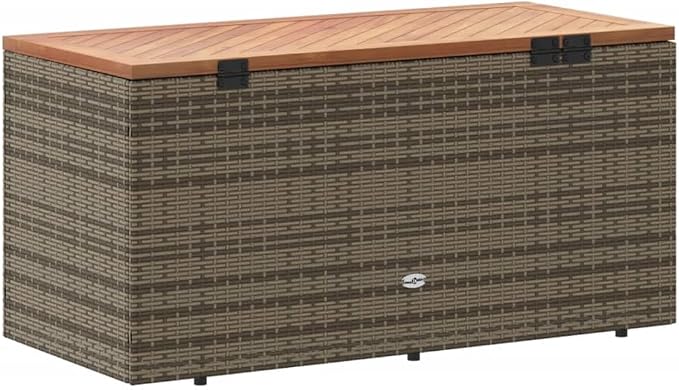 Gecheer Patio Rattan Deck Box Patio Storage Box Gray 43.3"x19.7"x21.3" Poly Rattan Acacia Wood