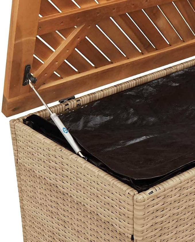 Garden Storage Box, Outdoor Deck Box with Poly Rattan and Acacia Wood, 43.3 inch Rectangular Patio Storage Bin for Cushions and Blankets, Beige and Brown