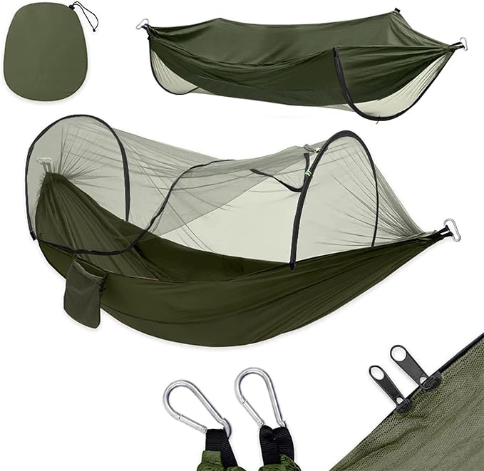 Camping Hammock with Net, Light and Durable Hammock for 2 People with Tree Strap and Carabiner Portable Pop Up Hammock for Outdoor Hiking