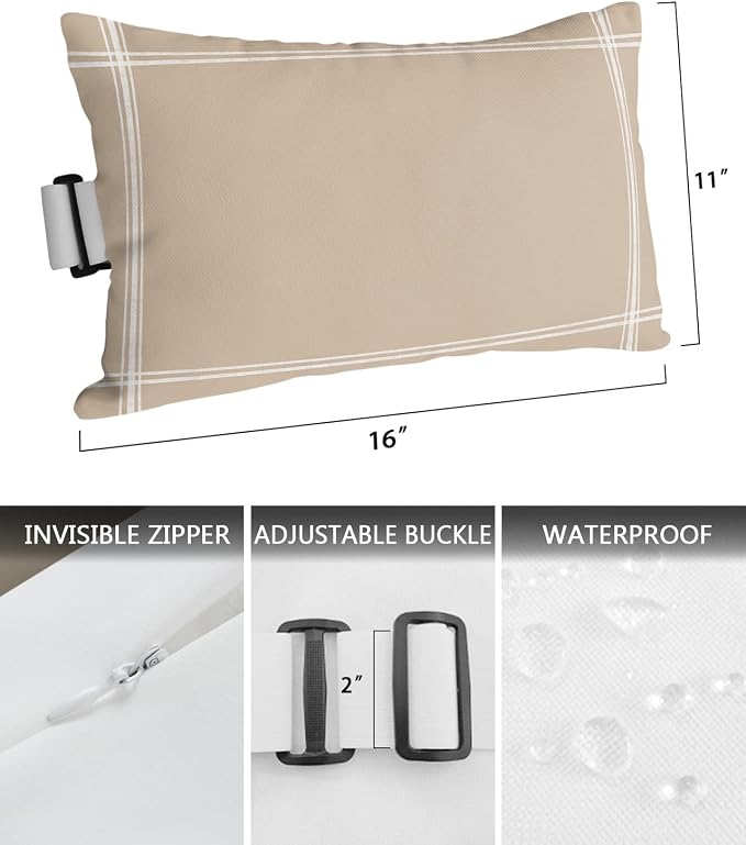 T&H XHome Outdoor Pillow for Chaise Lounge Chair, Solid Color Light Khaki Waterproof Headrest Pillow Lumbar Pillows with Insert & Adjustable Elastic Strap for Beach, Poolside, Patio, Office (2 Pack)