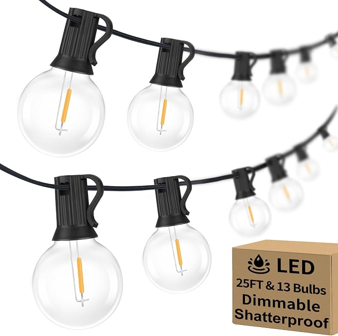 25FT Outdoor G40 LED Globe String Lights Waterproof Shatterproof | Light Strings with 13 Bulbs Connectable Commercial Dimmable Hanging Lights for Christmas Patio House Backyard Balcony Party