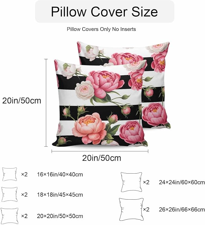 Outdoor Waterproof Throw Pillow Covers Set of 2 Pink Peony Rose Pillowcases 24x24 Inches Floral Black Stripes Decorative Pillows Cushion Case Patio Pillows for Couch Bed Chair Garden