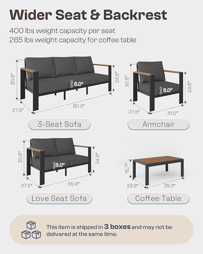 Aluminum Outdoor Sofa Bistro Set, 3 Piece Outdoor Patio Furniture Set with Washable Thick Cushion, Patio Sectional Furniture Set for Porch, Balcony, Deck, Yard, Graphite