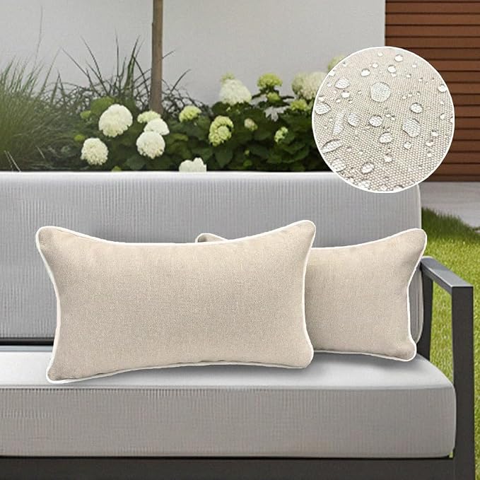 HER HWA Outdoor Lumbar Pillow Covers White Piping 20"x12" Set of 2, Khaki | durable fade-resistant water-resistant 100% polyester white piping smooth zipper machine washable for indoor outdoor décor