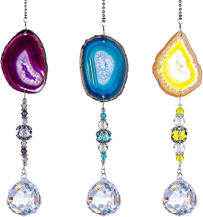 3 Pcs Crystal Ball Suncatcher with Agate Wind Chime Window Home Decor | Crystal Ball Suncatcher Wind Chime with Agate Slices Hanging Ornament Set of 3 for Window Garden Home Office Wedding Decor