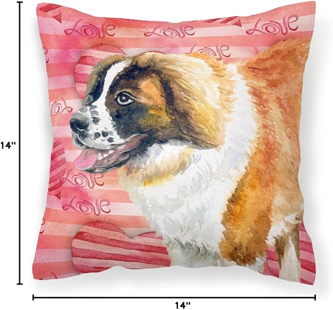 Caroline's Treasures BB9766PW1414 Saint Bernard Love Fabric Decorative Pillow, Red Machine Washable, Indoor Outdoor Decorative Pillow for Couch, Bed or Patio, 14Hx14W