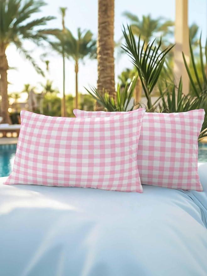 Outdoor Waterproof Throw Pillows Pink Geometric Plaid Patio Pillows Pack of 2,Decorative Pillow Covers with Insert,Pillow Cushion Case for Garden Couch Sofa Rustic Minimalist Checkered