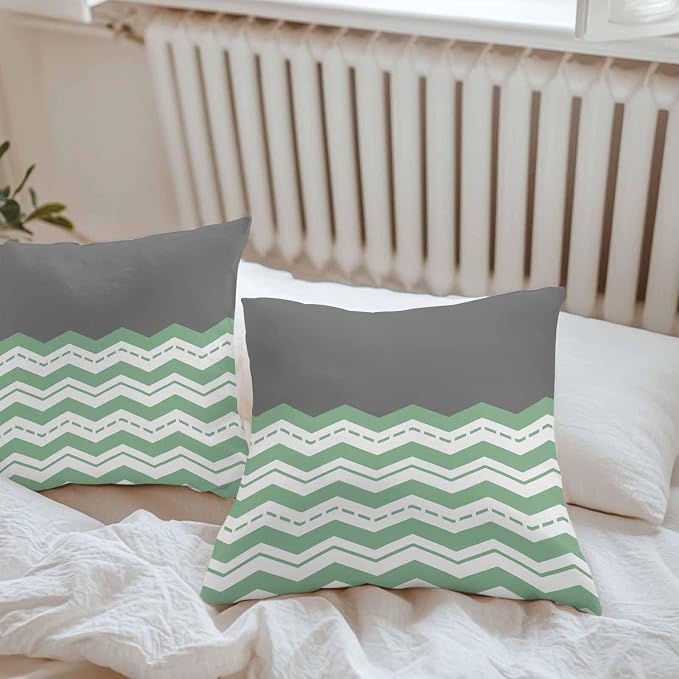 Green Chevron Waterproof Outdoor Pillow Covers Set of 2 Home Decor, Geometric Grey Print Wavy Striped White Pillowcase Patio Pillow Covers for Couch Bench Furniture Garden 20x20in