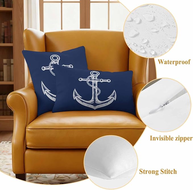 Nautical Outdoor Waterproof Throw Pillow Covers Set of 2, 26"x26", Anchor Rope Coastal Navy Blue Minimalist Decorative Pillow Covers Outside Cushion Case for Patio Porch Garden