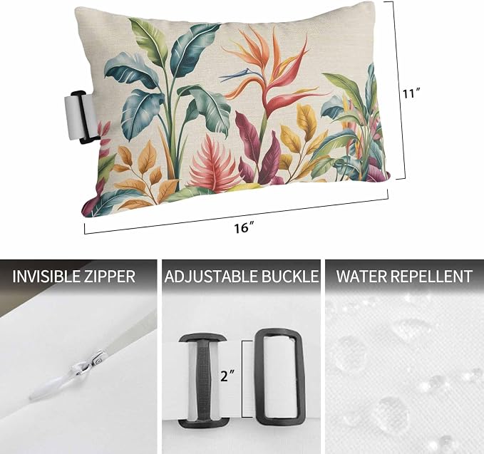 Outdoor Lumbar Pillow Set of 2, Tropical Plants Waterproof Beach Headrest Pillow with Inserts, Summer Vintage Botanical Flower Leaf Beige Recliner Throw Pillows for Patio Furniture, 12 x 20