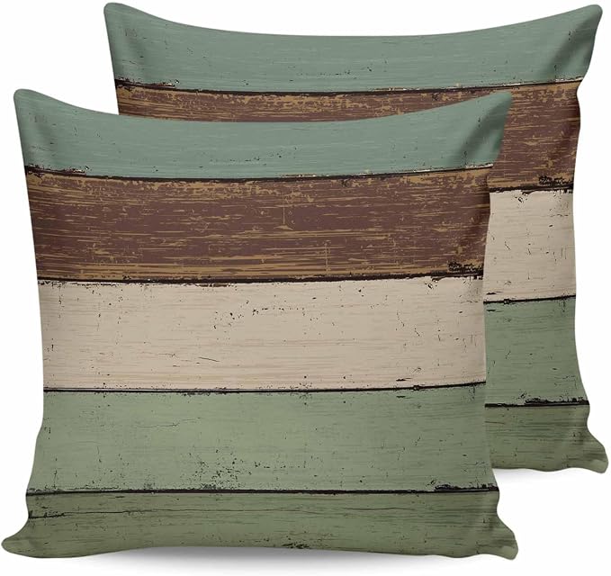 Vandarllin Outdoor Throw Pillow Covers 26X26 Set of 2 Waterproof Sage Green Brown Decorative Zippered Cushion Covers for Patio Furniture, Farmhouse Retro Rustic Barn Wood Texture Lumbar Pillowcases