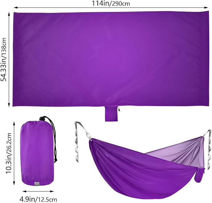 Purple Solid Color Camping Hammock, Portable Lightweight Single Hammock with Tree Straps and Aluminum Carabiners, 114" x 54" Travel Hammock for Hiking Backpacking Beach