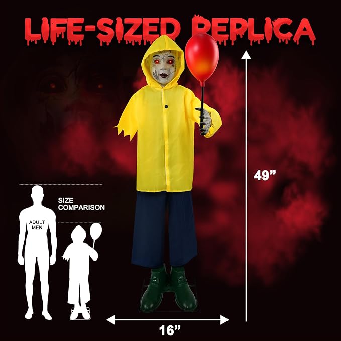 4 Ft Life Size Halloween Animatronics Prop with Sound & Touch | With Activated Sensor and Light Up Balloon, Halloween Spooky Scary Decor for Home Indoor Garden Lawn Yard Grave Party