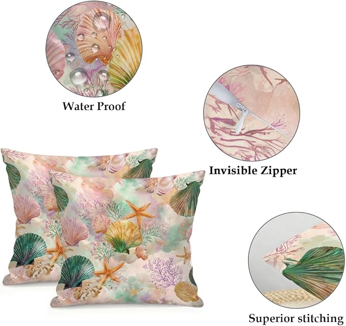 16x16 Inch Outdoor Pillow Covers Set of 2 Waterproof Throw Pillow Covers Decorative Couch Cushion Covers Watercolor Seashells Square Pillowcases Protectors for Patio Garden Sofa