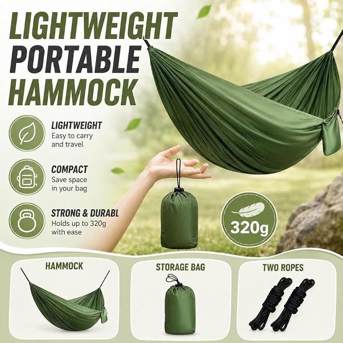 Camping Hammock Lightweight Portable Double Swing with 2 Tree Straps, Heavy Duty Parachute Nylon Bed for Backpacking Hiking Beach, Outdoor Essentials for Backyard Patio Camping Gear (Blue)