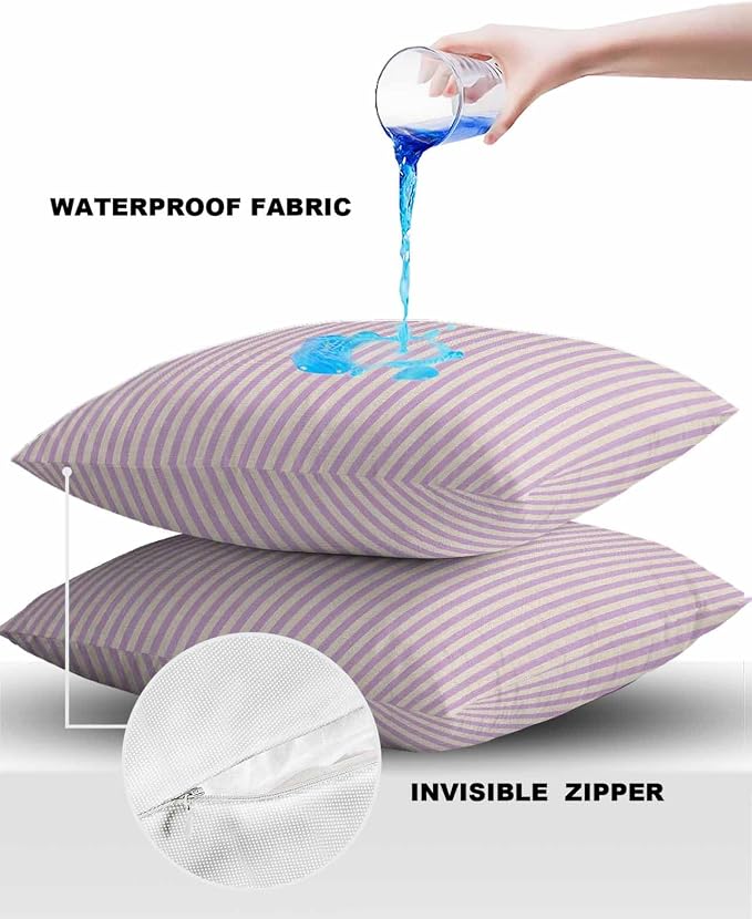 Outdoor Waterproof Throw Pillow Covers Set of 2 Purple Stripes Pillowcases 18x18 Inches Linen Classic Vertical Striped Patio Decorative Pillows Cushion Case Patio Pillows for Couch Bed Chair Garden