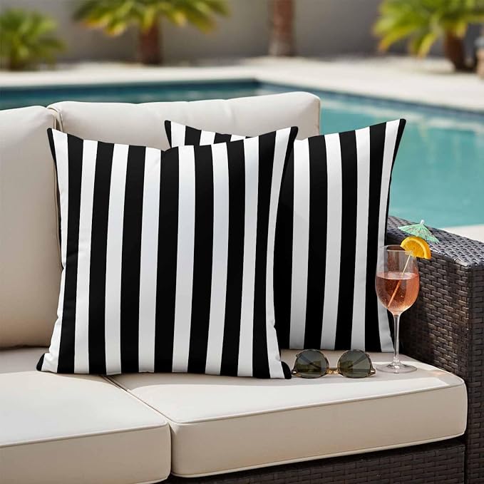 Outdoor Pillow Covers,Black White Geometric Stripe Decorative Throw Pillow Cover Waterproof Pillowcase Set of 2,Linen Cushion Case for Sofa Couch Bed 26x26 Inch,Modern Minimalist Line