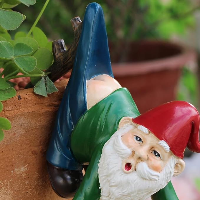 Funny Garden Gnome Statue Flower Pot Hugger, Pants Hanging on Branch Gnome Figurine Resin Sculpture Outdoor Decor Patio Lawn Yard Fence Plant Pot Ornaments